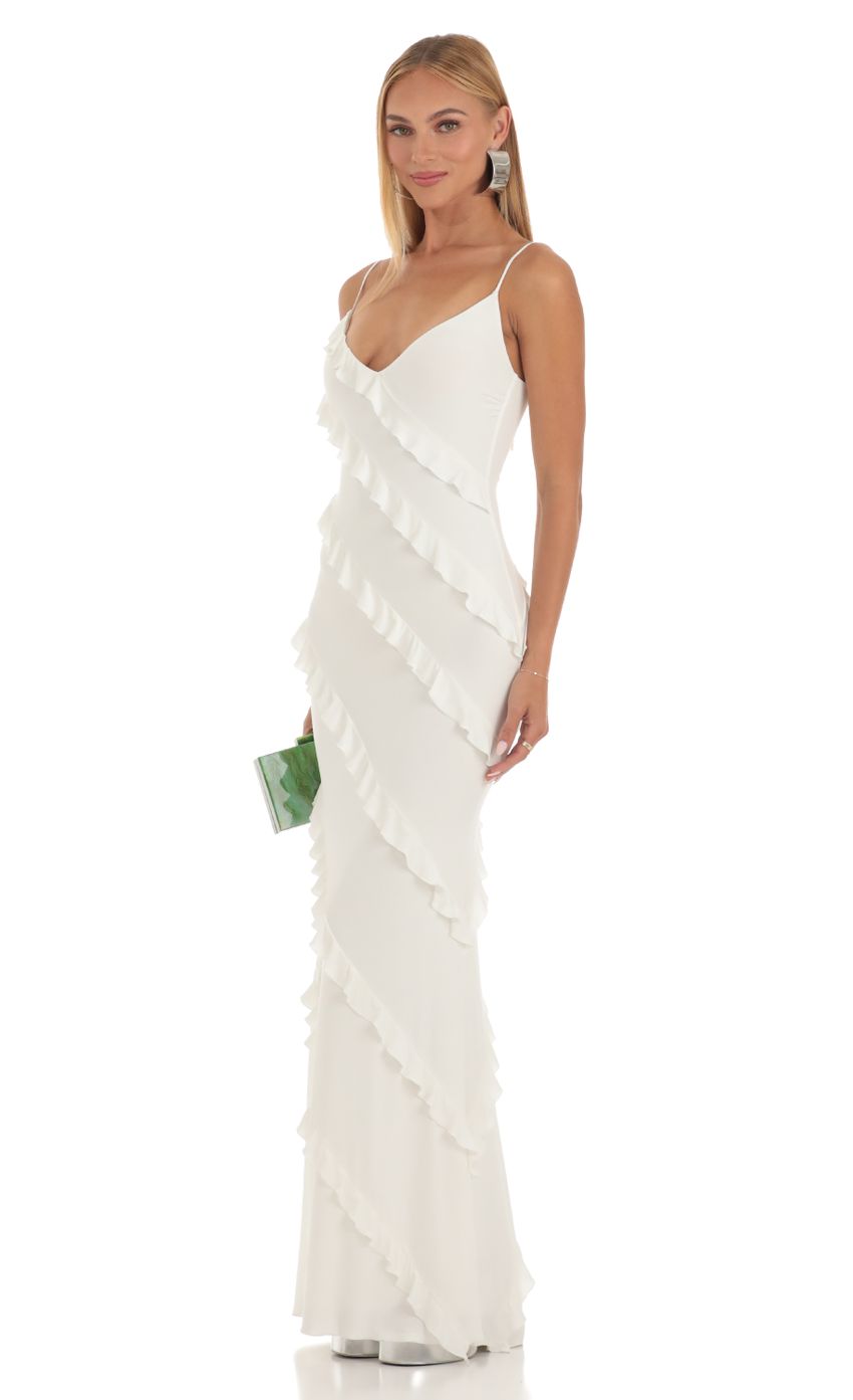Picture Elowen Ruffle Maxi Dress in White. Source: https://media.lucyinthesky.com/data/May23/850xAUTO/f310953d-b241-4157-ad5c-680fc77ac4c2.jpg