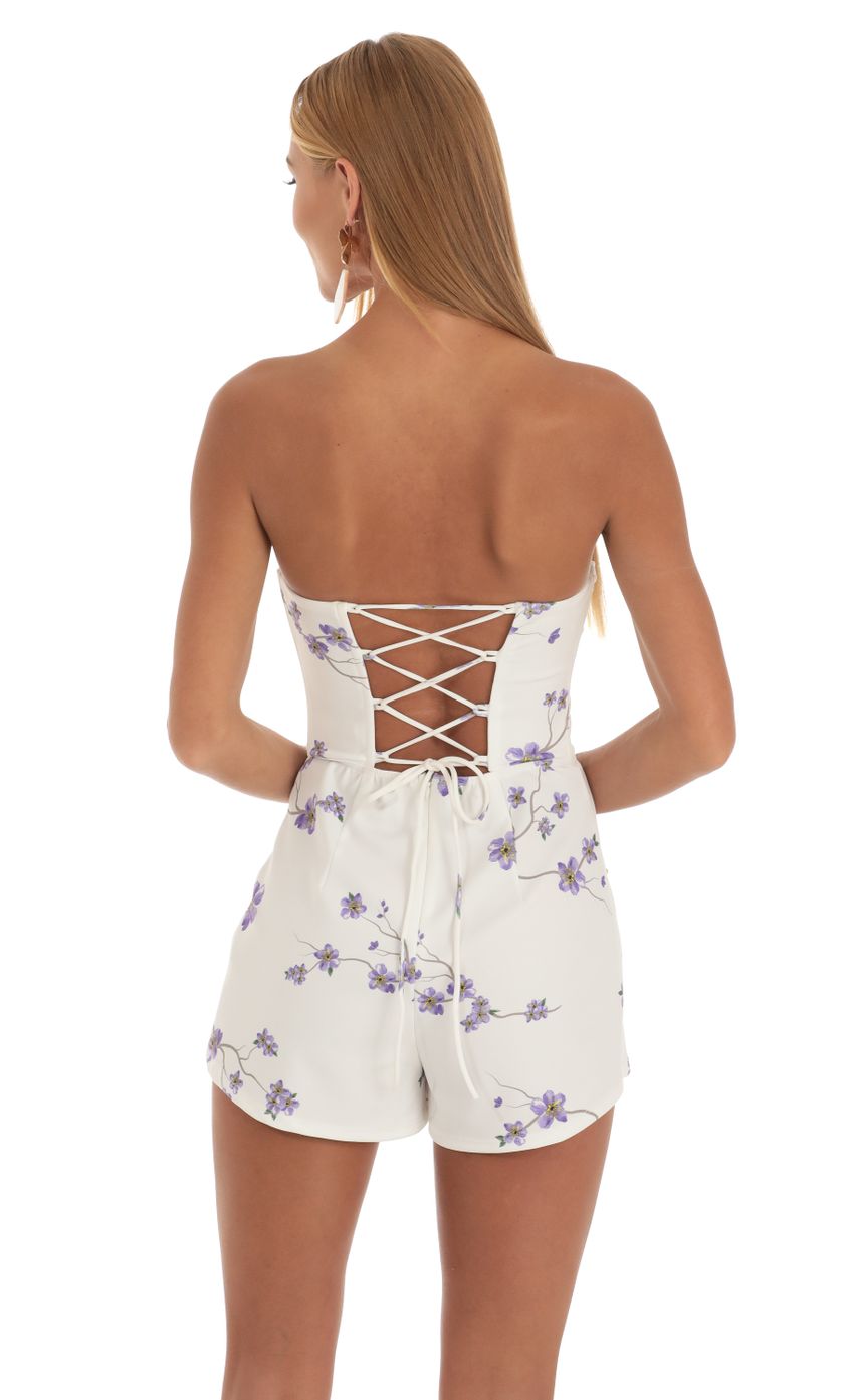 Sinéad Purple Sakura Print Strapless Romper in White | LUCY IN THE SKY