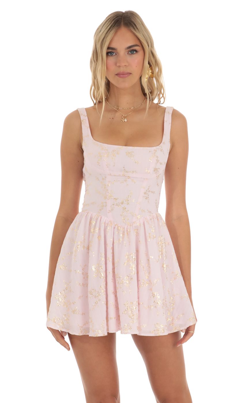 Picture Indiana Floral Shimmer Mini Dress in Pink. Source: https://media.lucyinthesky.com/data/May23/850xAUTO/f72429a5-d5ee-4ffa-8078-50923ce16734.jpg