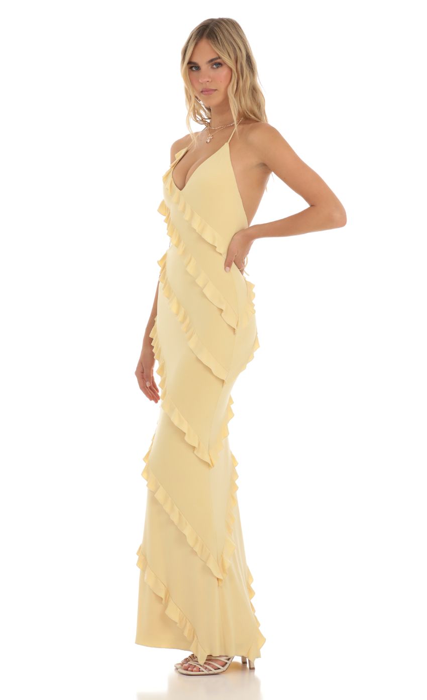 Picture Daffodil Ruffle Halter Maxi Dress in Yellow. Source: https://media.lucyinthesky.com/data/May23/850xAUTO/ff7b6344-ee88-4344-914a-b52cb65070c7.jpg