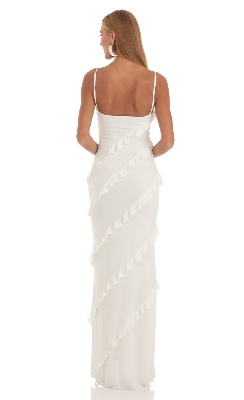 Picture Elowen Ruffle Maxi Dress in White. Source: https://media.lucyinthesky.com/data/May23/850xAUTO/ffb6016a-33f6-4675-bdc8-8f2c945fd48e.jpg
