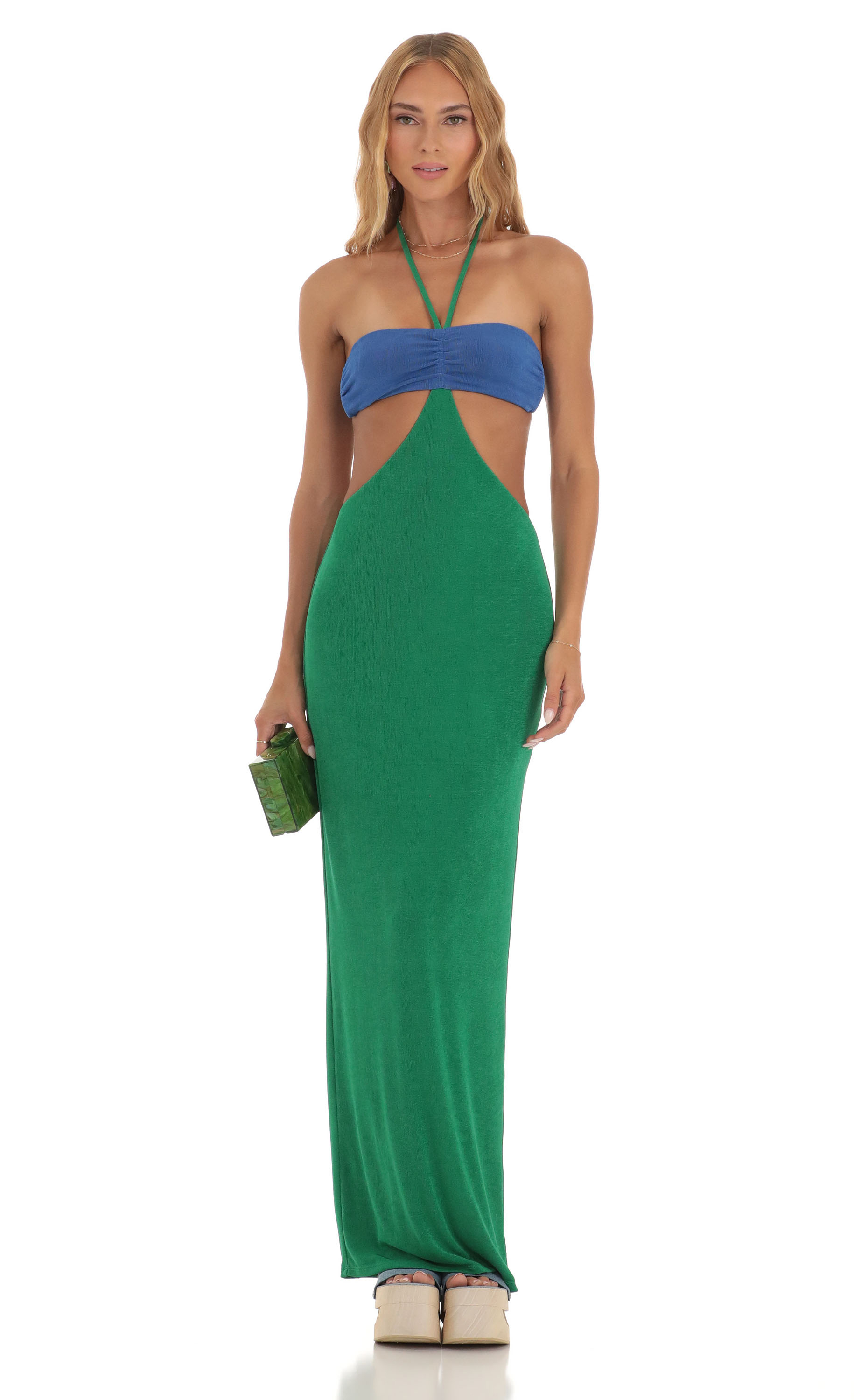 Sonora Two Toned Cutout Maxi Dress in Blue and Green