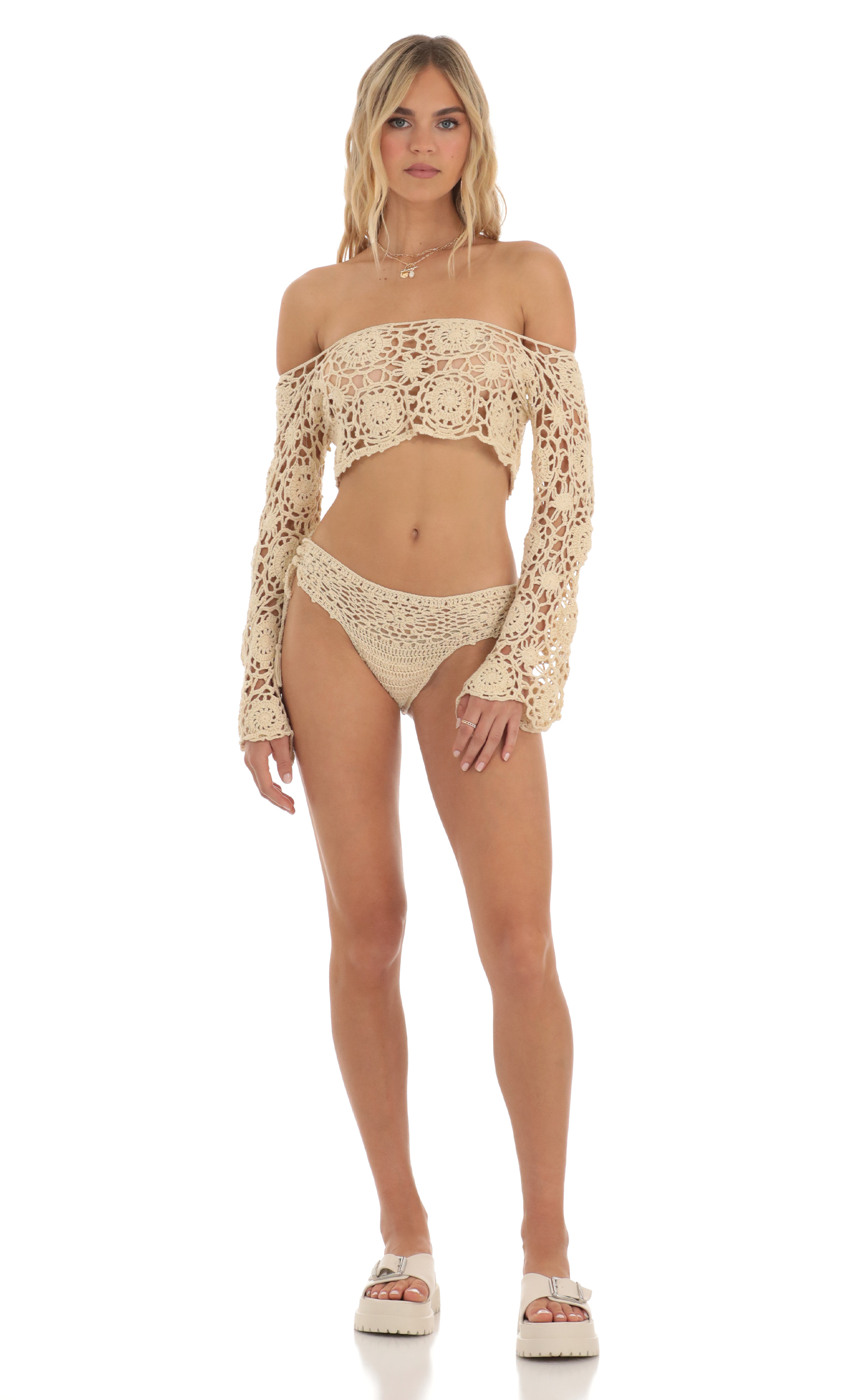 Indiana Crochet Off Shoulder Two Piece Bikini Set in Light Brown