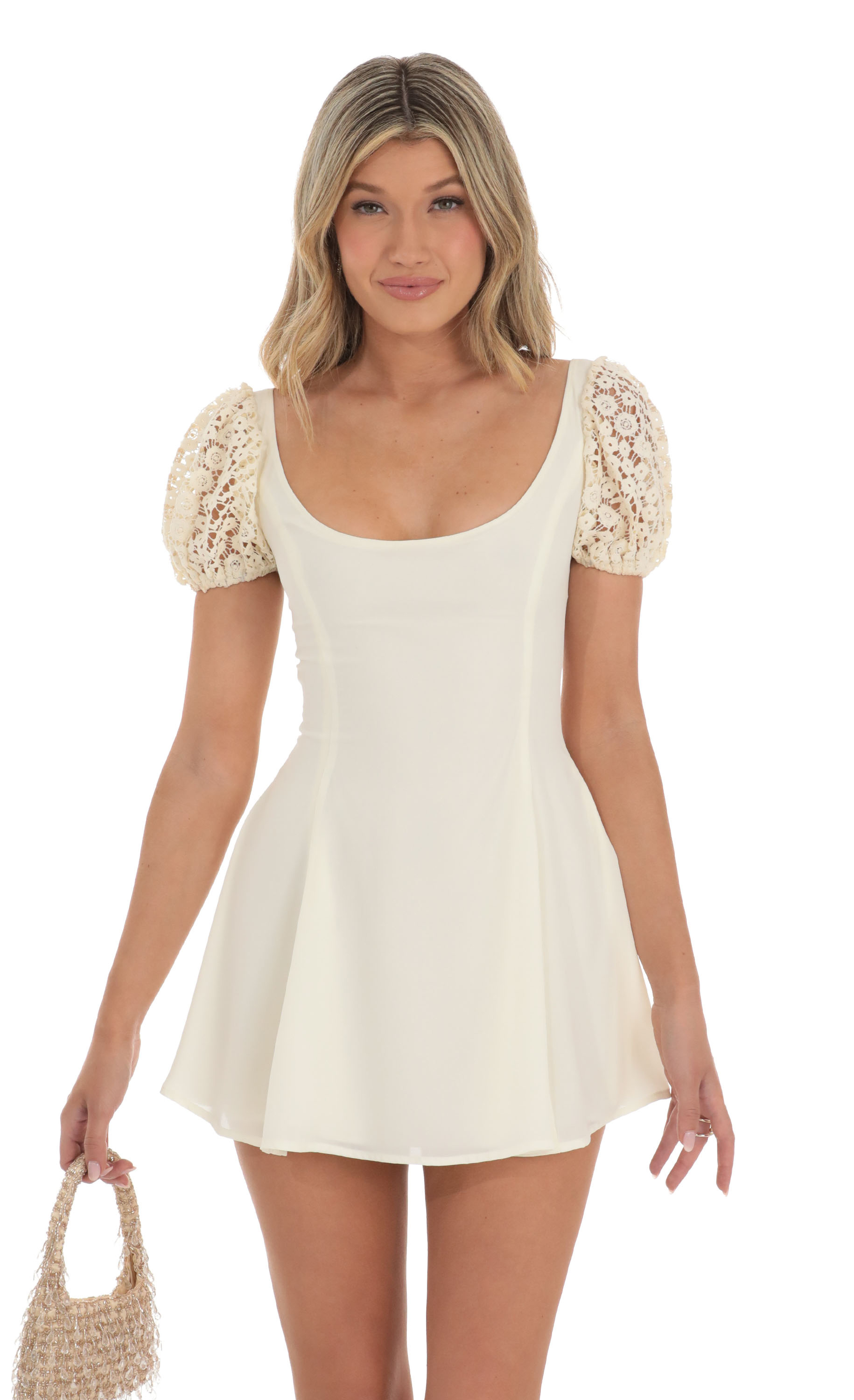 Wannda Puff Sleeve Dress in Cream with Crochet Sleeves