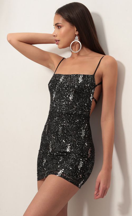 Picture Starstruck Strappy Dress in Black  Starlight. Source: https://media.lucyinthesky.com/data/Nov18_2/500xAUTO/0Y5A1944XS.JPG