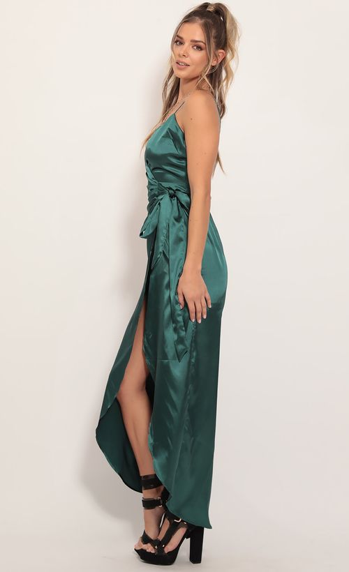 Picture Joelle Pleated Satin Maxi Dress in Hunter Green. Source: https://media.lucyinthesky.com/data/Nov19_1/500xAUTO/781A7420.JPG