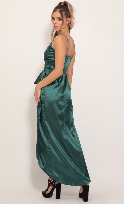 Picture Joelle Pleated Satin Maxi Dress in Hunter Green. Source: https://media.lucyinthesky.com/data/Nov19_1/500xAUTO/781A7426.JPG