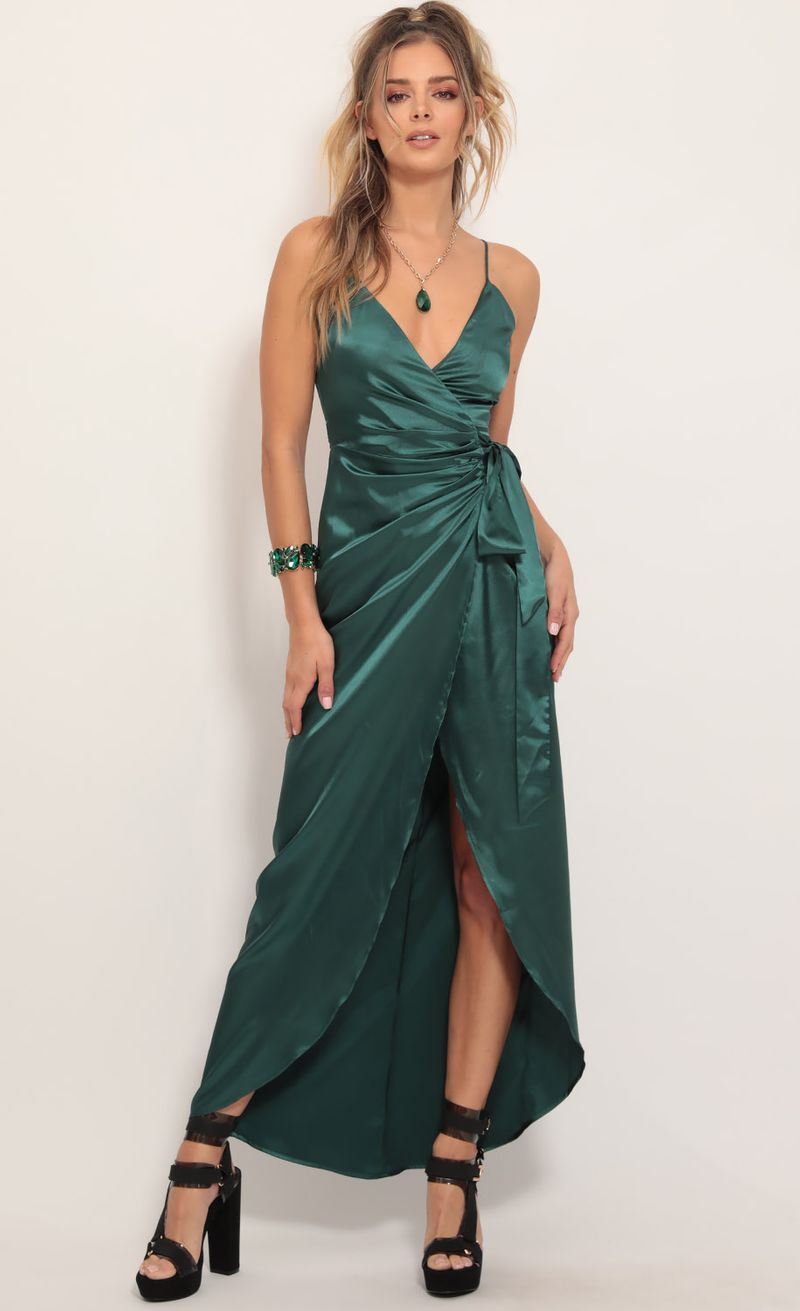 Picture Joelle Pleated Satin Maxi Dress in Hunter Green. Source: https://media.lucyinthesky.com/data/Nov19_1/800xAUTO/781A7404.JPG