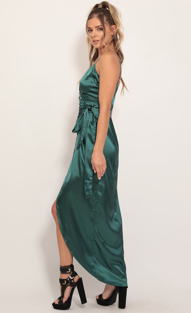 Picture Joelle Pleated Satin Maxi Dress in Hunter Green. Source: https://media.lucyinthesky.com/data/Nov19_1/800xAUTO/781A7412.JPG