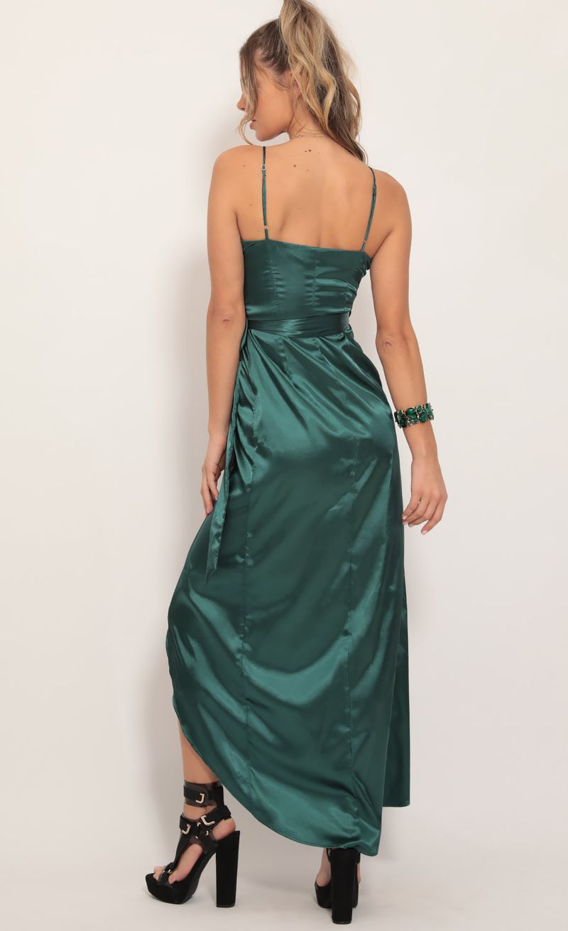 Picture Joelle Pleated Satin Maxi Dress in Hunter Green. Source: https://media.lucyinthesky.com/data/Nov19_1/800xAUTO/781A7430.JPG