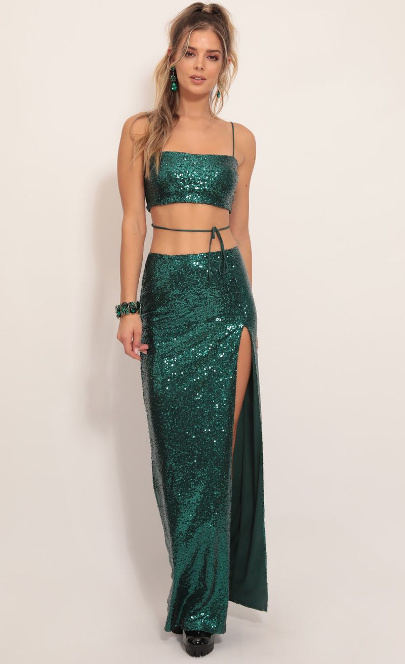Picture Gala Sequin Maxi Set in Hunter Green. Source: https://media.lucyinthesky.com/data/Nov19_1/800xAUTO/781A9610.JPG