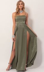 Picture Gala Satin Maxi Dress in Olive Green. Source: https://media.lucyinthesky.com/data/Nov19_2/150xAUTO/781A4140.JPG