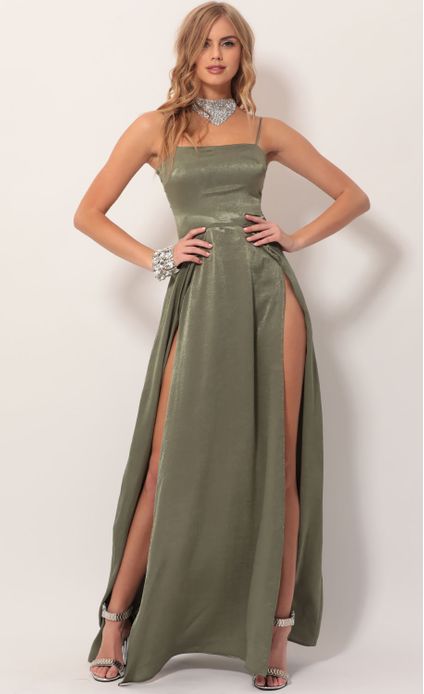 Party Dresses Gala Satin Maxi Dress In Olive Green 3743