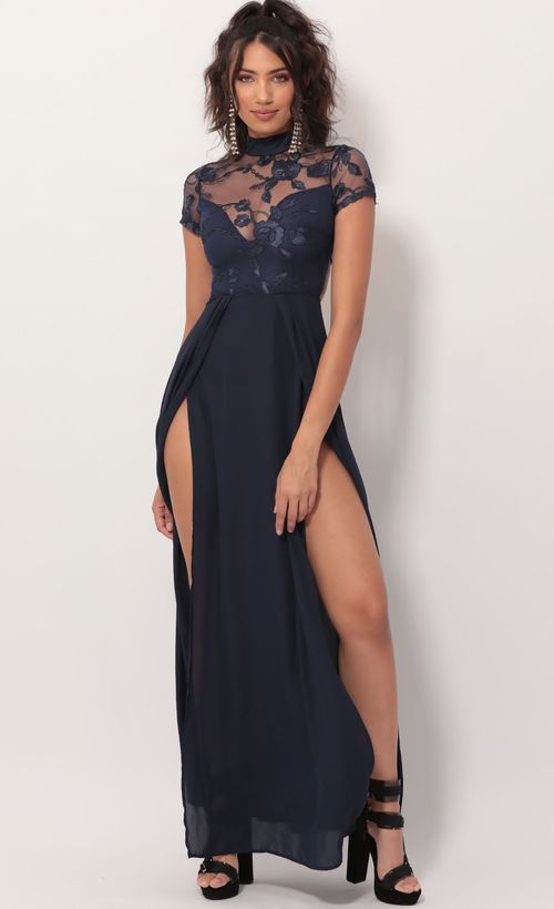 Picture Heiress Lace Maxi Dress in Navy. Source: https://media.lucyinthesky.com/data/Nov19_2/500xAUTO/781A3021.JPG