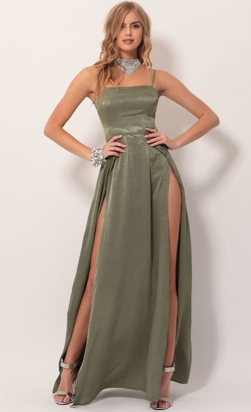 Picture Gala Satin Maxi Dress in Olive Green. Source: https://media.lucyinthesky.com/data/Nov19_2/500xAUTO/781A4135.JPG