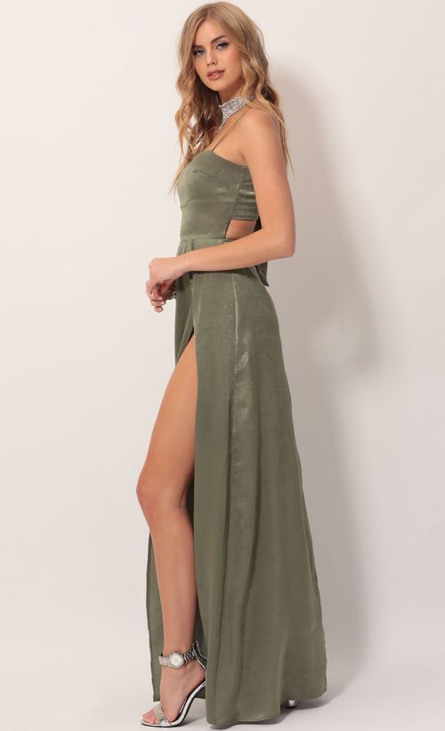 Picture Gala Satin Maxi Dress in Olive Green. Source: https://media.lucyinthesky.com/data/Nov19_2/500xAUTO/781A4156.JPG