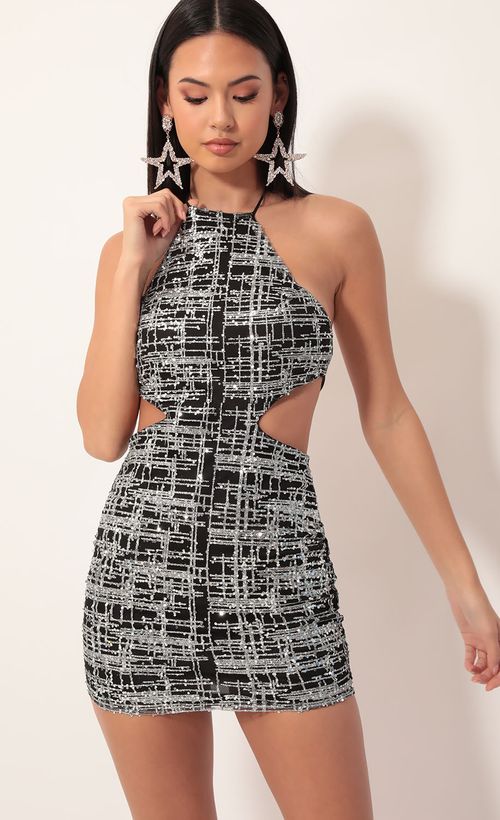 Picture Enchanting Halter Sequin Dress in Black Silver. Source: https://media.lucyinthesky.com/data/Nov19_2/500xAUTO/781A5668.JPG
