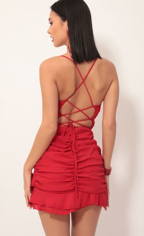 Picture Avianna Pleated Ruffle Dress in Red. Source: https://media.lucyinthesky.com/data/Nov19_2/500xAUTO/781A7075.JPG