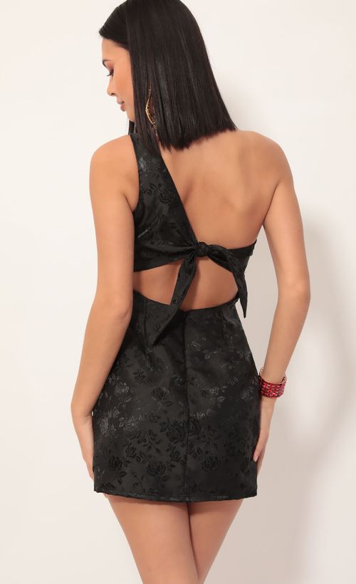 Picture Liana Satin Jacquard Shoulder Dress in Black. Source: https://media.lucyinthesky.com/data/Nov19_2/500xAUTO/781A7192.JPG