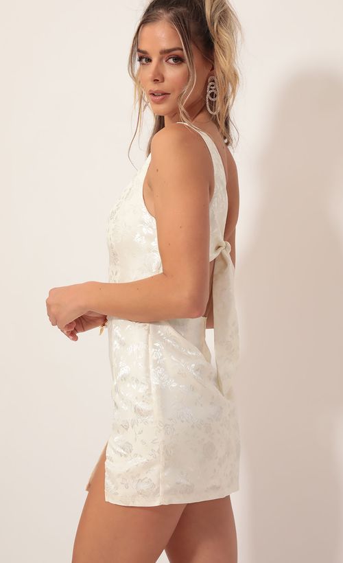 Picture Liana Satin Jacquard Shoulder Dress in Ivory. Source: https://media.lucyinthesky.com/data/Nov19_2/500xAUTO/781A8505.JPG
