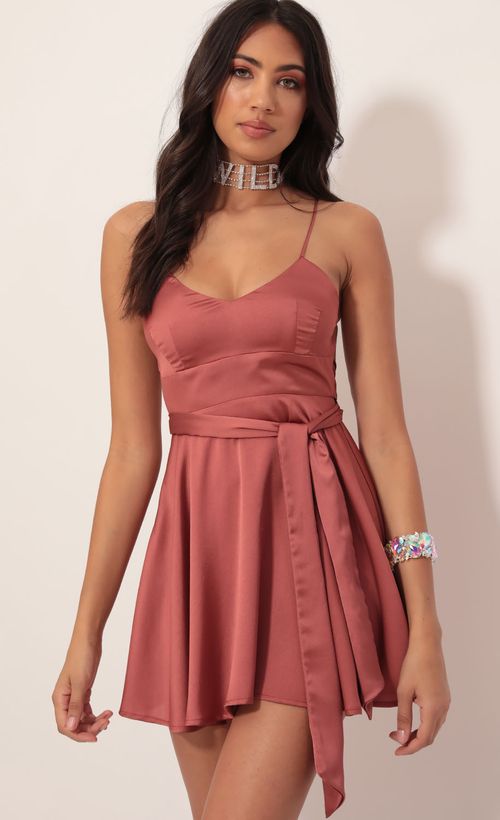Picture Quinn Satin Tie A-line Dress in Rust. Source: https://media.lucyinthesky.com/data/Nov19_2/500xAUTO/781A9280.JPG