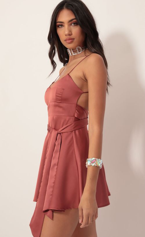 Picture Quinn Satin Tie A-line Dress in Rust. Source: https://media.lucyinthesky.com/data/Nov19_2/500xAUTO/781A9311.JPG
