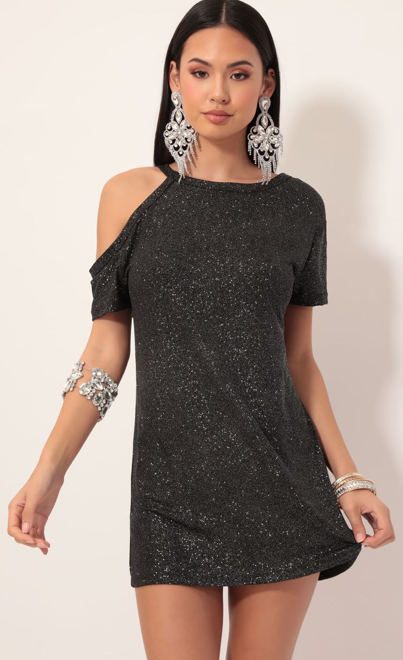 Picture Asher Cutout Shimmer Shift Dress in Black. Source: https://media.lucyinthesky.com/data/Nov19_2/800xAUTO/781A6520.JPG