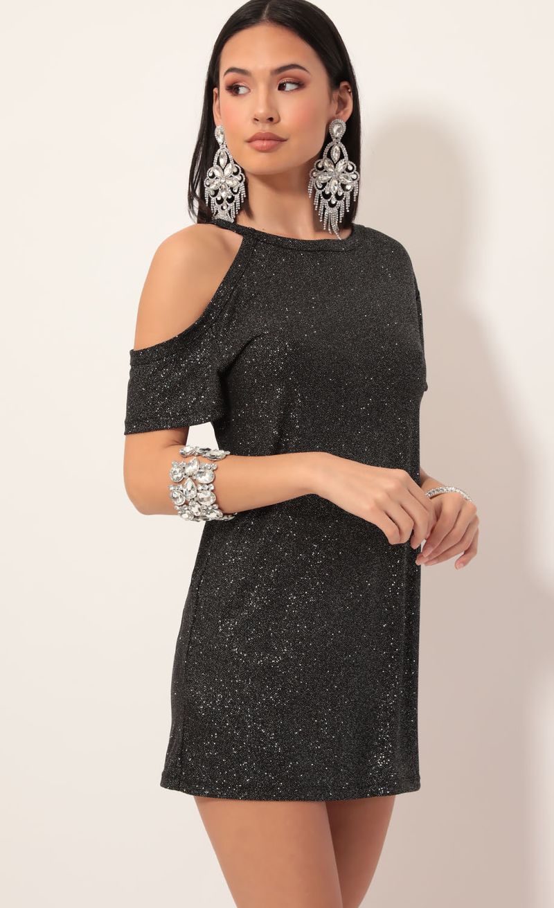 Picture Asher Cutout Shimmer Shift Dress in Black. Source: https://media.lucyinthesky.com/data/Nov19_2/800xAUTO/781A6535.JPG