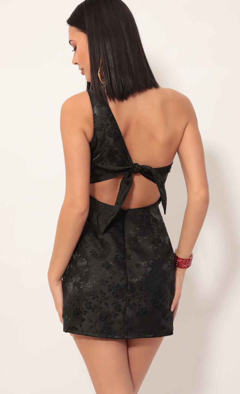 Picture Liana Satin Jacquard Shoulder Dress in Black. Source: https://media.lucyinthesky.com/data/Nov19_2/800xAUTO/781A7192.JPG