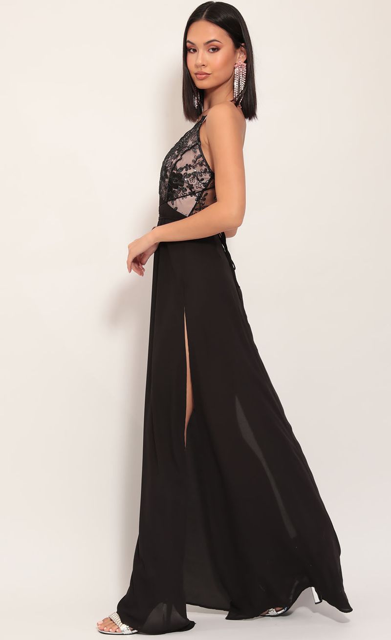 daniela silver lace plunge maxi in grey