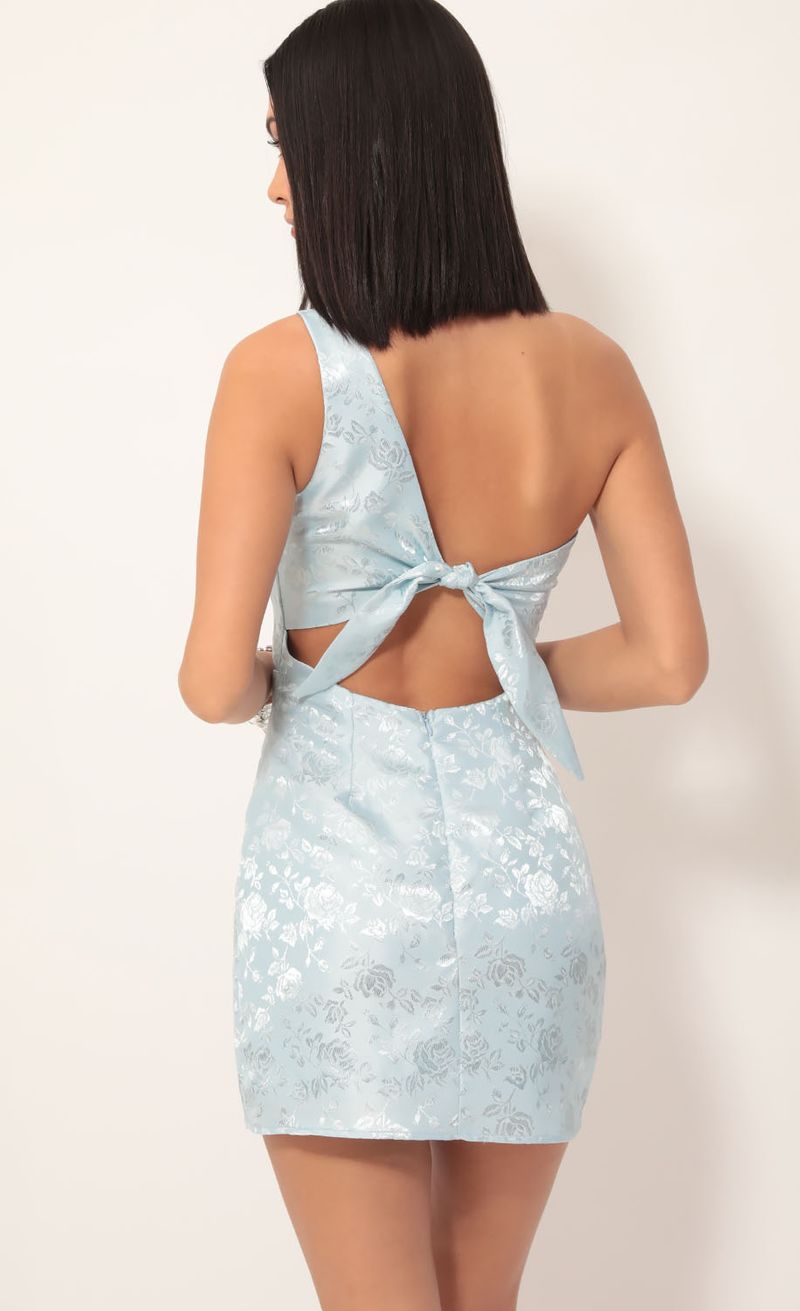 Picture Liana Satin Jacquard Shoulder Dress in Blue. Source: https://media.lucyinthesky.com/data/Nov19_2/800xAUTO/781A7455.JPG