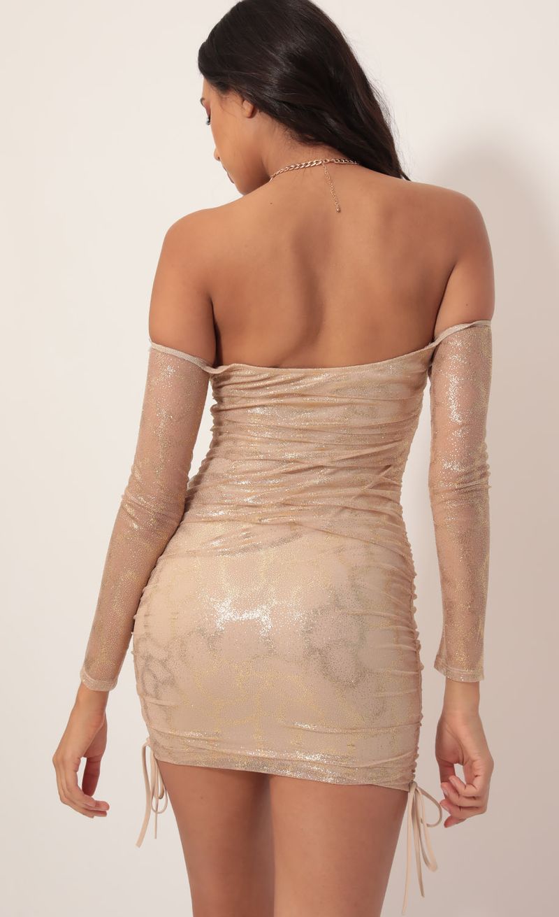 Picture Aria Double Ruched Dress in Sparkling Gold. Source: https://media.lucyinthesky.com/data/Nov19_2/800xAUTO/781A7785.JPG