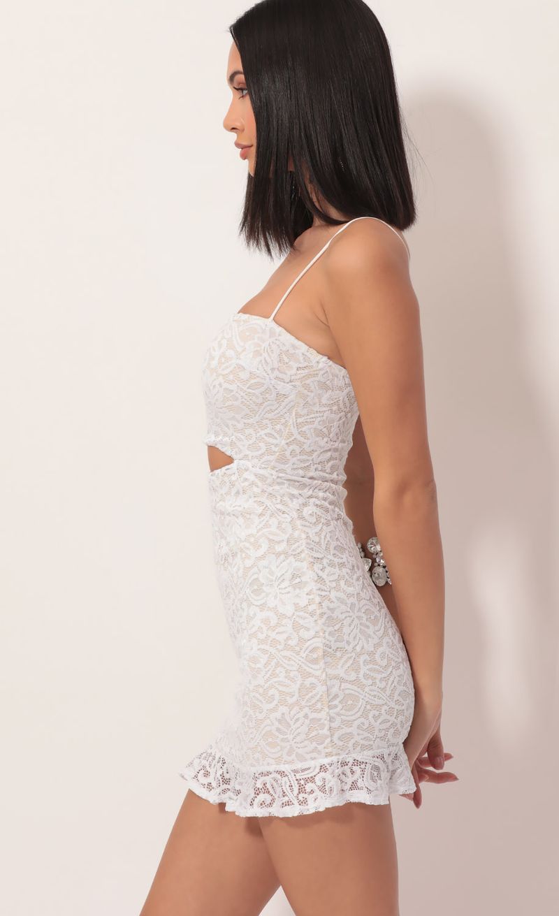 Picture Rae Lace Cutout Ruffle Dress in White. Source: https://media.lucyinthesky.com/data/Nov19_2/800xAUTO/781A8609.JPG