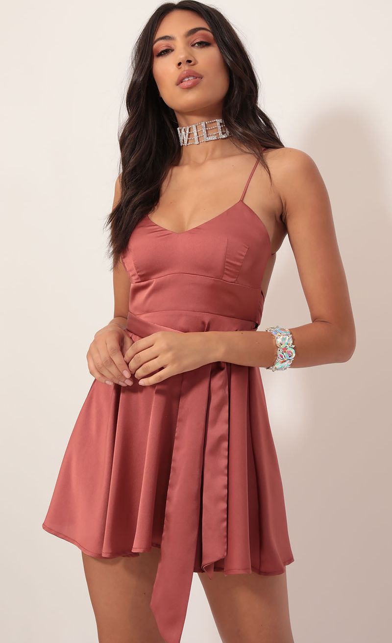Picture Quinn Satin Tie A-line Dress in Rust. Source: https://media.lucyinthesky.com/data/Nov19_2/800xAUTO/781A9286.JPG