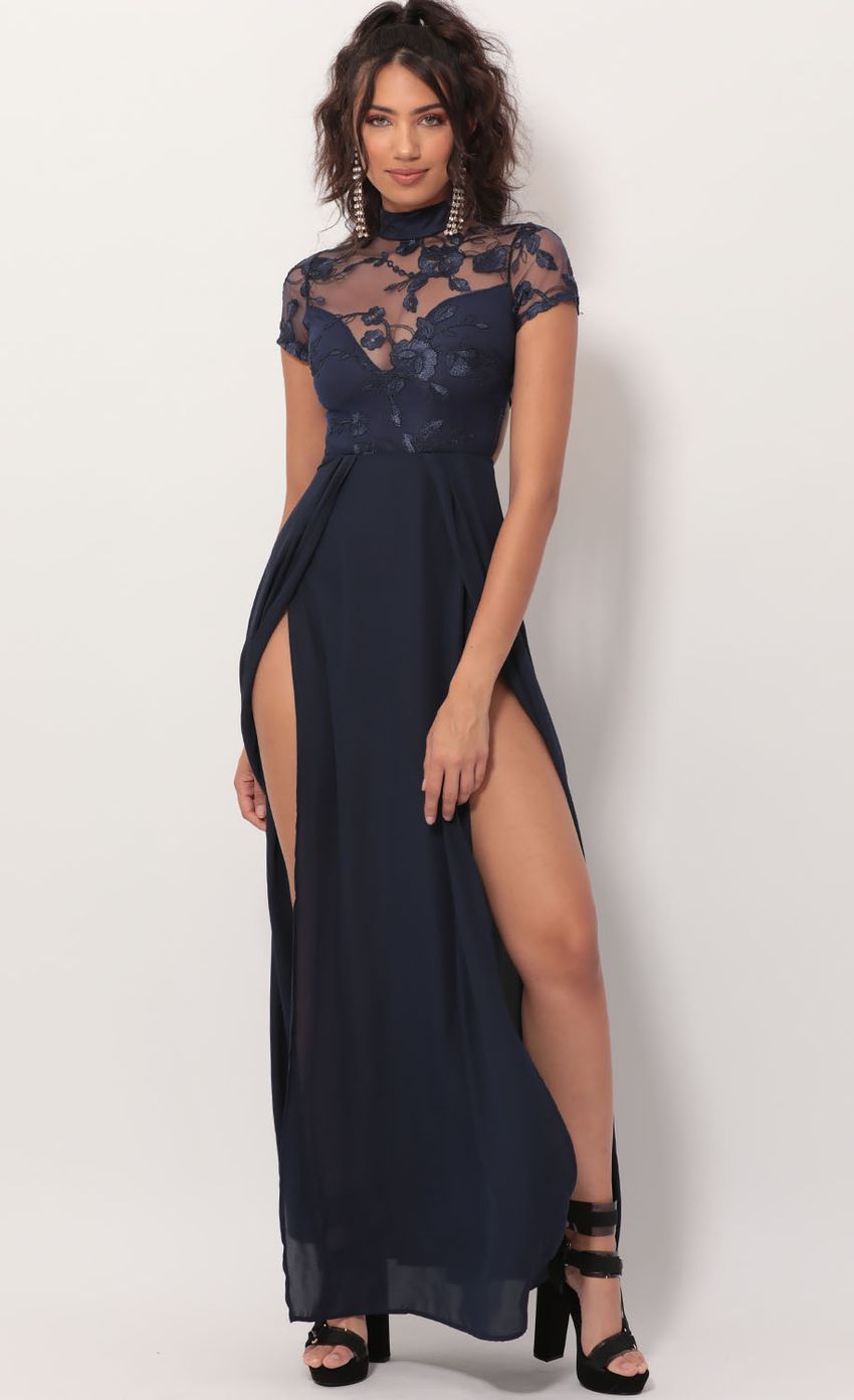 Picture Heiress Lace Maxi Dress in Navy. Source: https://media.lucyinthesky.com/data/Nov19_2/850xAUTO/781A3021.JPG