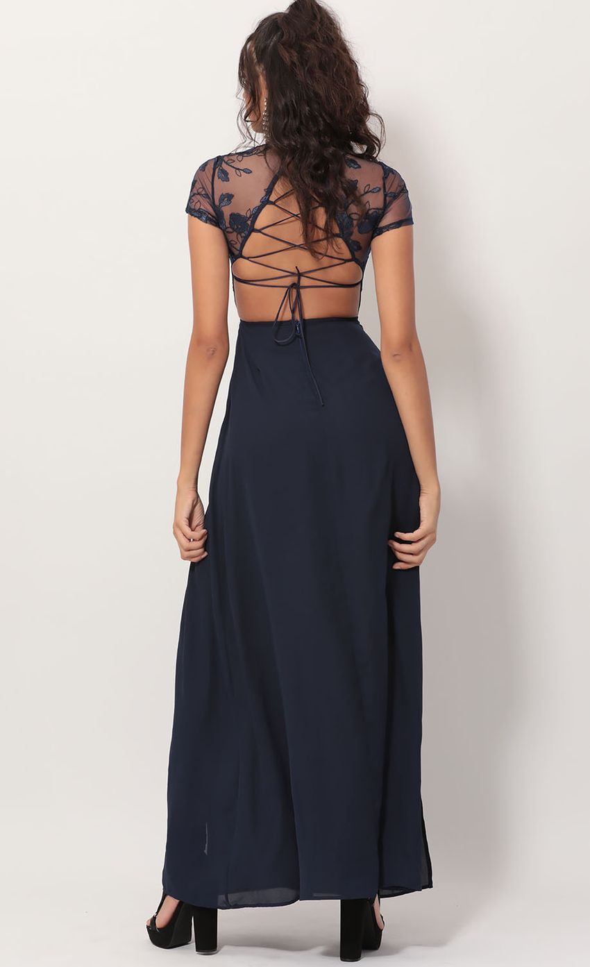 Picture Heiress Lace Maxi Dress in Navy. Source: https://media.lucyinthesky.com/data/Nov19_2/850xAUTO/781A3073.JPG