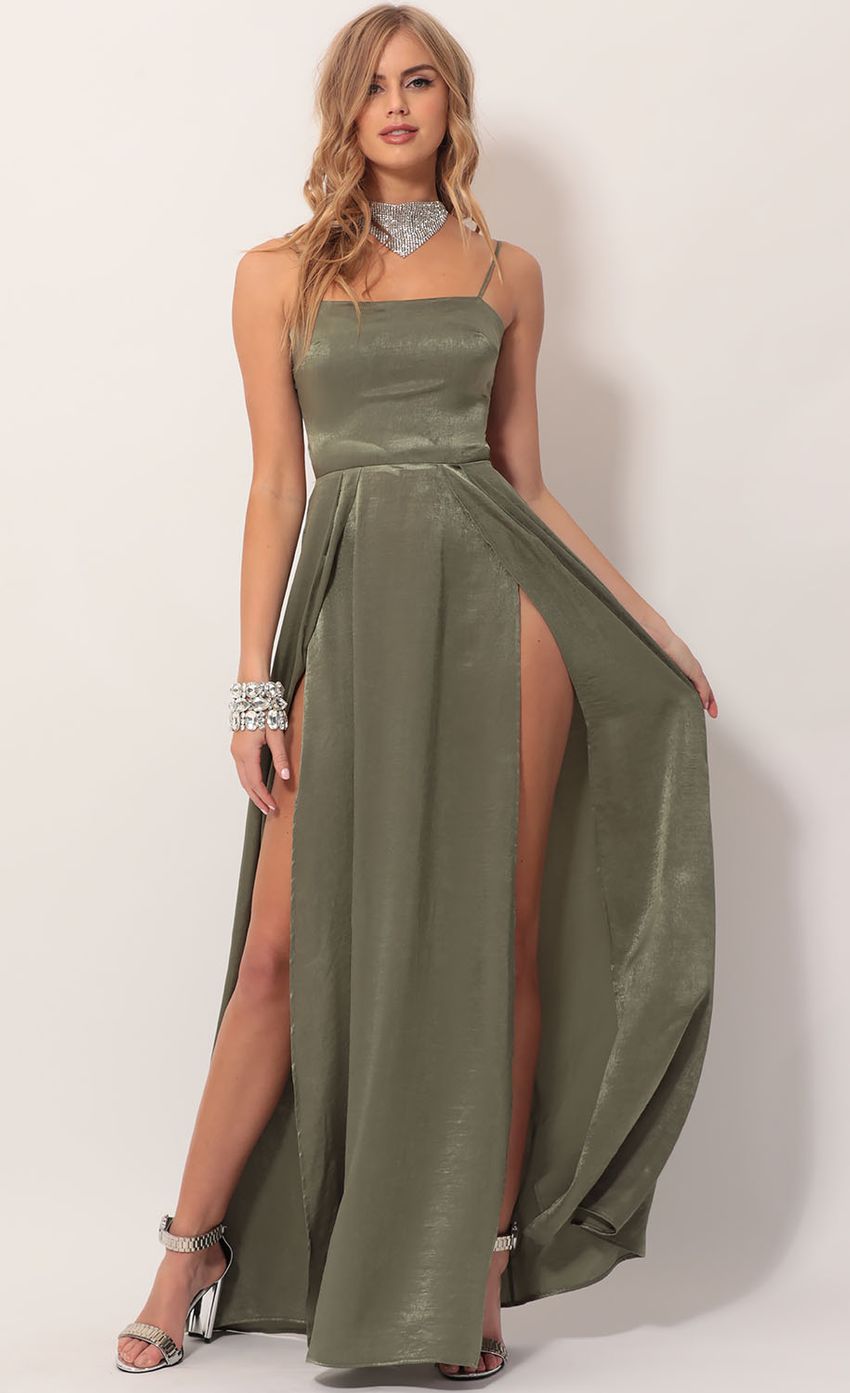 Picture Gala Satin Maxi Dress in Olive Green. Source: https://media.lucyinthesky.com/data/Nov19_2/850xAUTO/781A4140.JPG