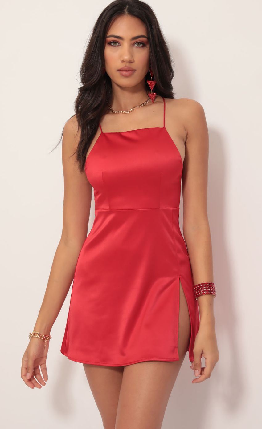 Picture L'Amour Satin Halter Slit Dress in Red. Source: https://media.lucyinthesky.com/data/Nov19_2/850xAUTO/781A5131.JPG