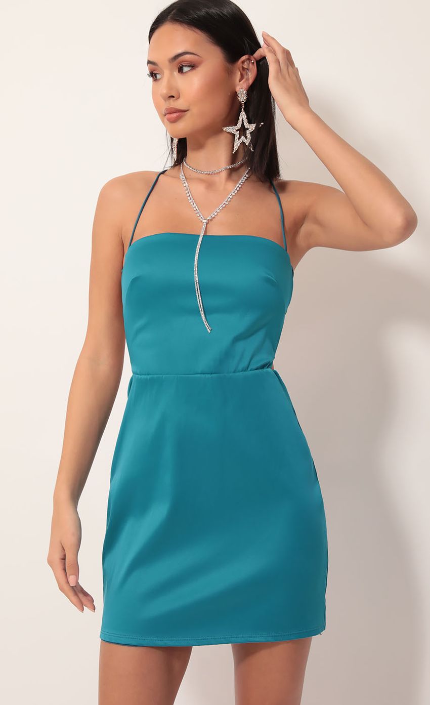 Picture Lulu Satin Lace-up Dress in Teal. Source: https://media.lucyinthesky.com/data/Nov19_2/850xAUTO/781A5626.JPG