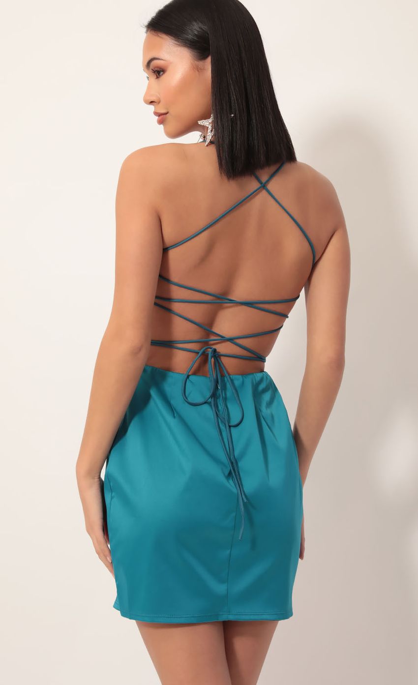 Picture Lulu Satin Lace-up Dress in Teal. Source: https://media.lucyinthesky.com/data/Nov19_2/850xAUTO/781A5645.JPG