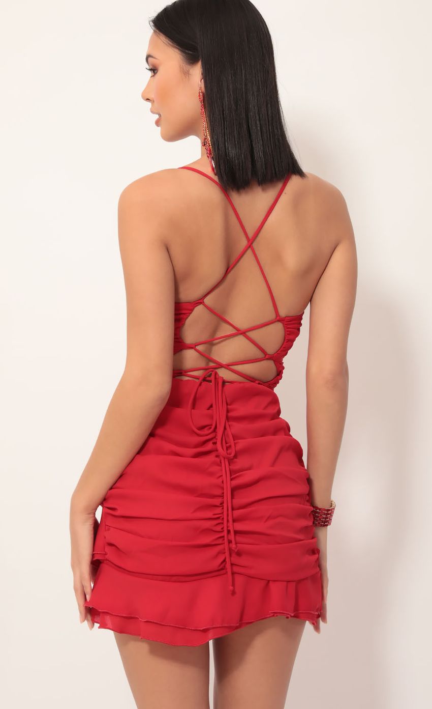 Picture Avianna Pleated Ruffle Dress in Red. Source: https://media.lucyinthesky.com/data/Nov19_2/850xAUTO/781A7075.JPG