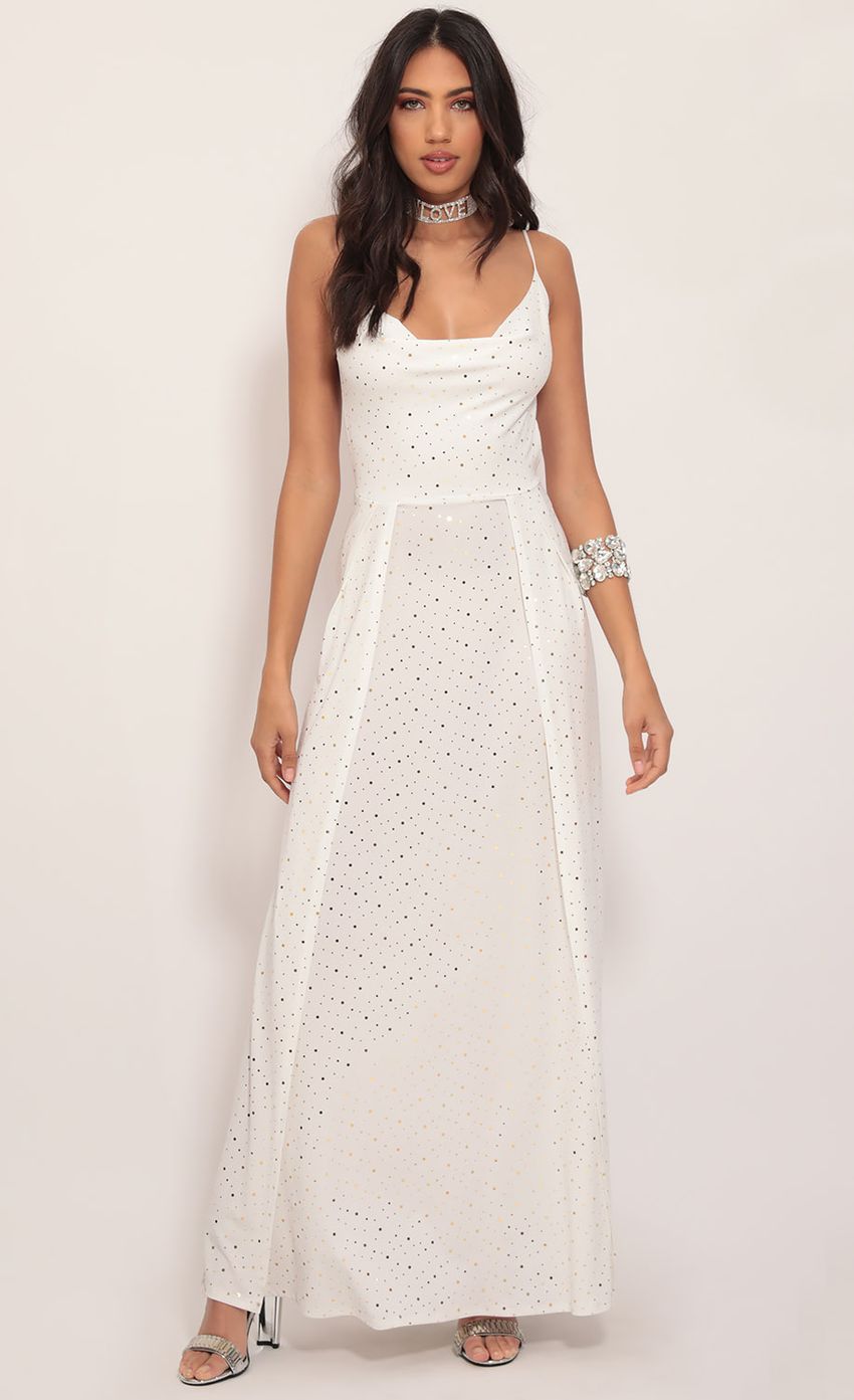 Picture Dion Twinkling Maxi Dress in Ivory Gold. Source: https://media.lucyinthesky.com/data/Nov19_2/850xAUTO/781A7325.JPG