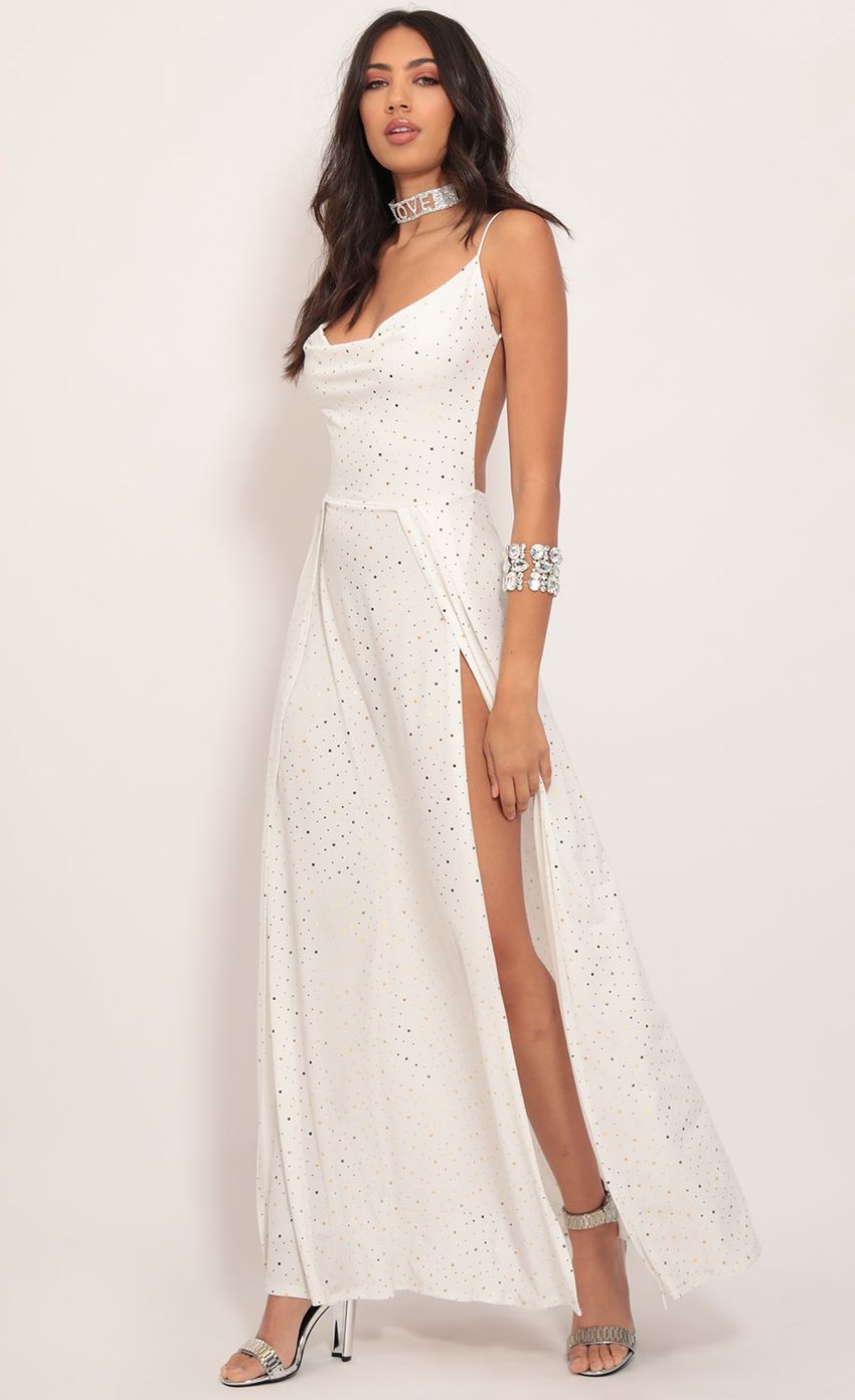 Picture Dion Twinkling Maxi Dress in Ivory Gold. Source: https://media.lucyinthesky.com/data/Nov19_2/850xAUTO/781A7332.JPG