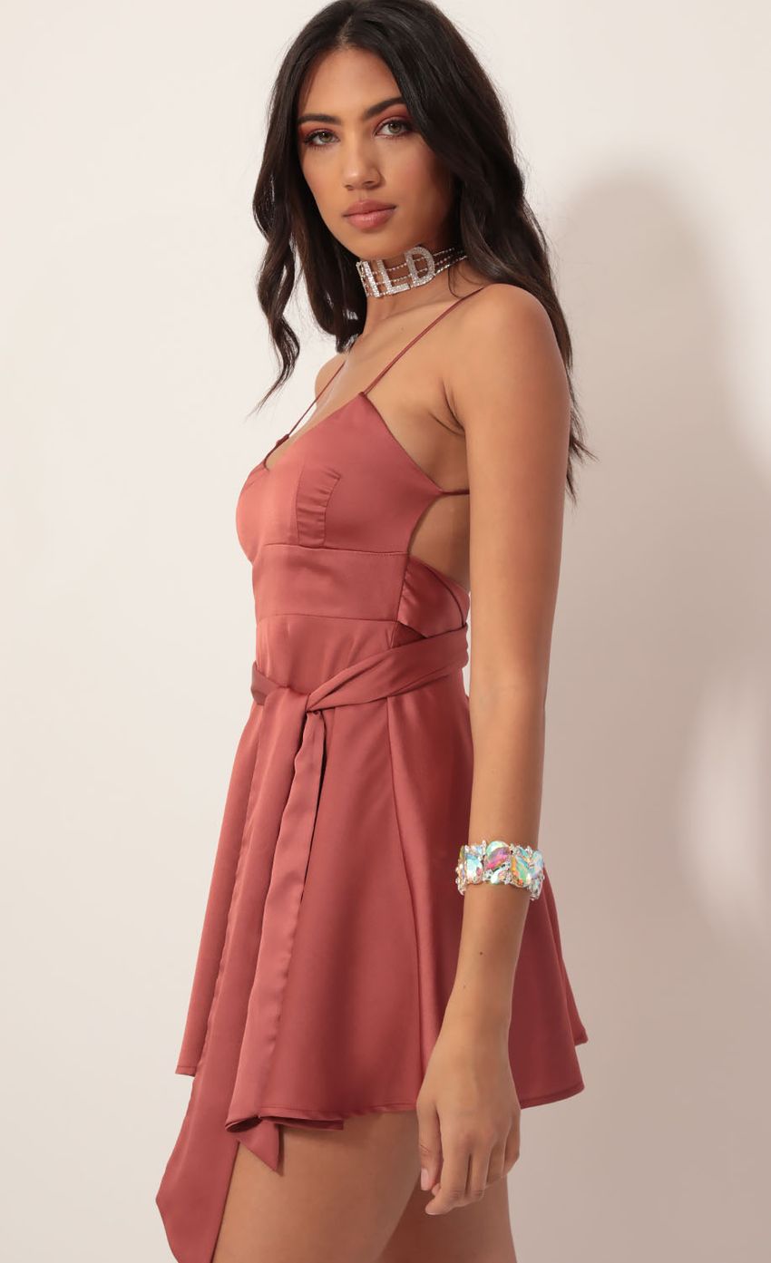 Picture Quinn Satin Tie A-line Dress in Rust. Source: https://media.lucyinthesky.com/data/Nov19_2/850xAUTO/781A9311.JPG