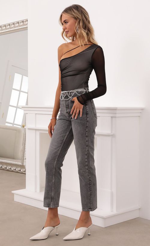 Picture Hazel Asymmetrical Bodysuit in Black Mesh. Source: https://media.lucyinthesky.com/data/Nov20_1/500xAUTO/1V9A0061.JPG