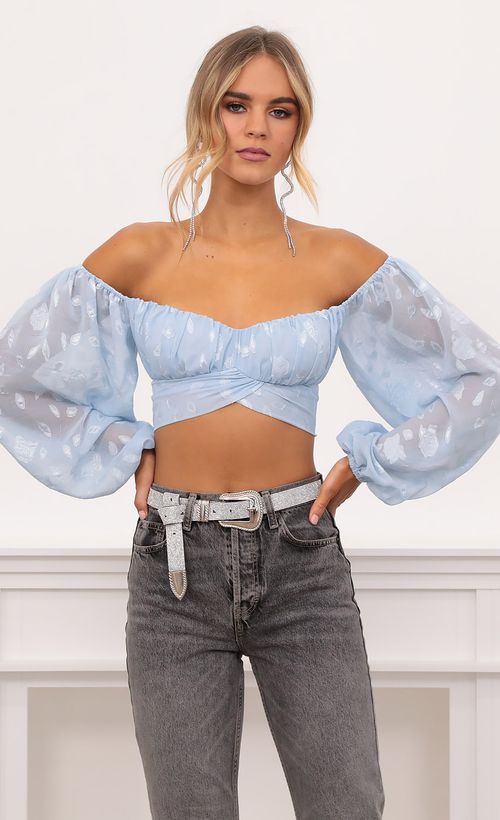 Picture Sadie Off The Shoulder Top in Blue Floral. Source: https://media.lucyinthesky.com/data/Nov20_1/500xAUTO/1V9A3452.JPG
