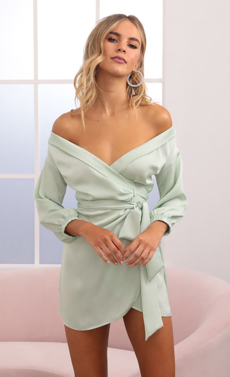 Picture Lorella Off Shoulder Wrap Dress in Mint. Source: https://media.lucyinthesky.com/data/Nov20_1/800xAUTO/1V9A2257.JPG