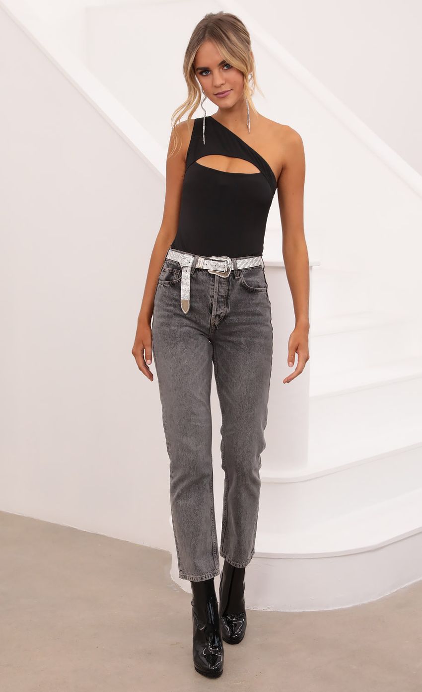 Picture Peek-a-boo Asymmetrical Bodysuit In Black. Source: https://media.lucyinthesky.com/data/Nov20_1/850xAUTO/1V9A3113.JPG