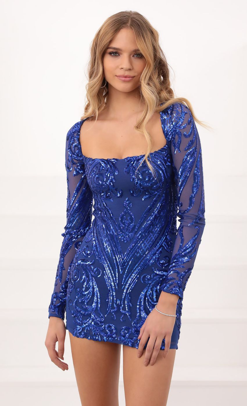 Picture Giulia Sparkling Square Neck Dress in Royal Blue Sequins. Source: https://media.lucyinthesky.com/data/Nov20_1/850xAUTO/1V9A6828.JPG