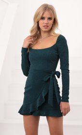 Picture thumb Capri Long Sleeve Ruffle Tie Dress in Green Shimmer. Source: https://media.lucyinthesky.com/data/Nov20_2/170xAUTO/1V9A5243.JPG